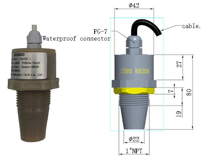 5m misuratore di livello dell'acqua ad ultrasuoni intelligente 5V uscita RS485 sensore di livello liquido PVDF KUS600