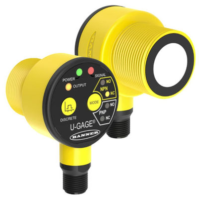 Sensore ad ultrasuoni della serie Banner T30UX con uscita analogica da 4 a 20 mA e classificazione IP67 per il rilevamento di prossimità industriale